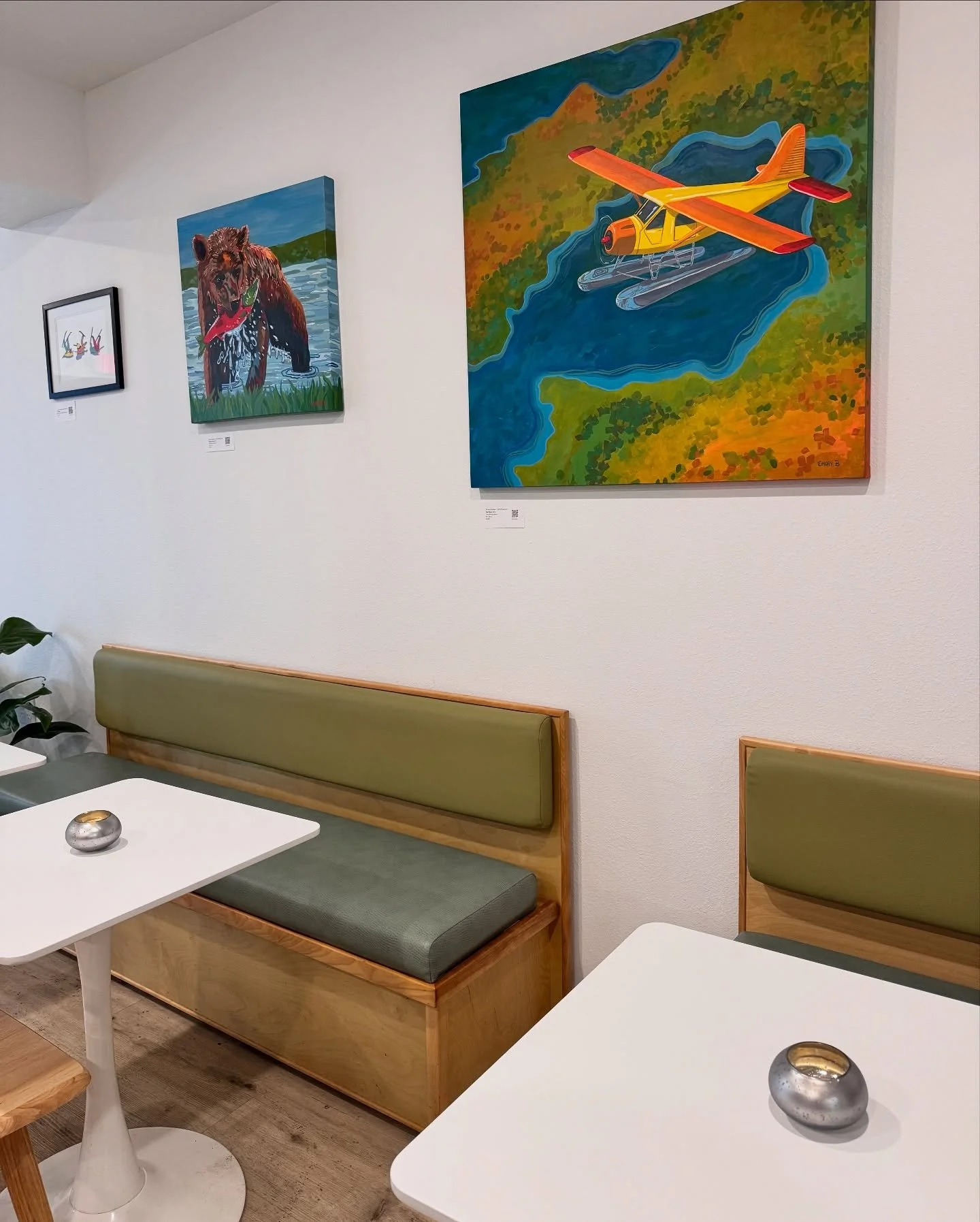 🌊 new art on the walls! 🎨
we&rsquo;re so excited to have emory banker of @salt.chuck.art filling cove with color this month. her bright, alaska-inspired pieces will be up through november &mdash; plus, there&rsquo;s a basket of prints for sale if y