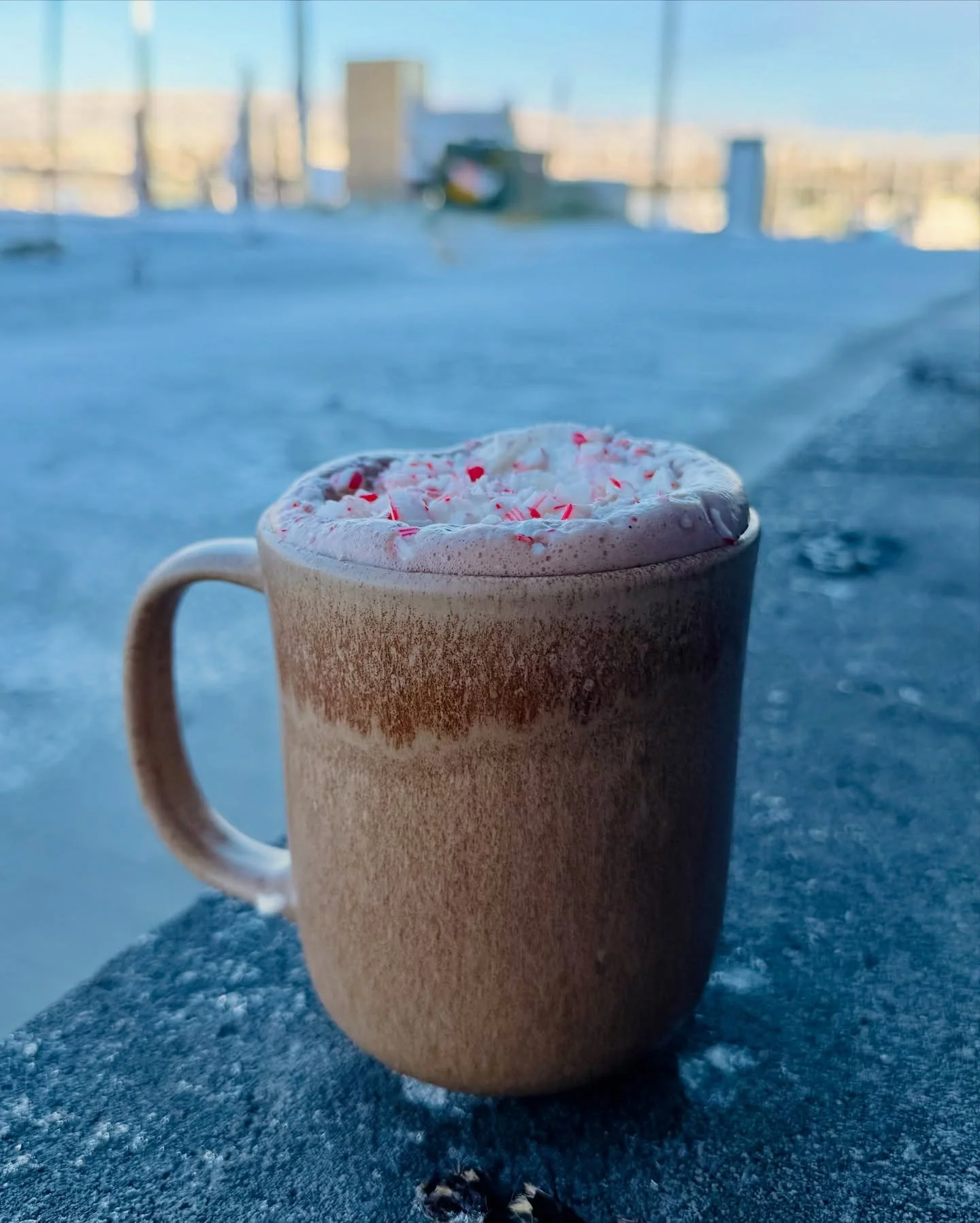 peppermint season just hits different when the sun is out and the snow is sparkling. ☃️✨ come warm up with our candy cane hot cocoa &mdash; whipped cream topped with crushed peppermint candycane.