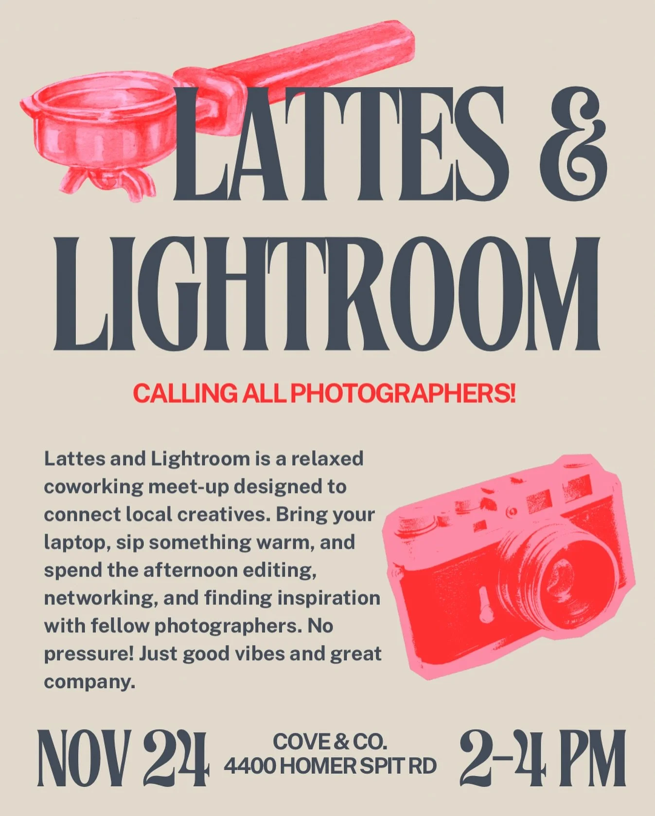 ✨ calling all photographers ✨
we&rsquo;re so excited to host lattes &amp; lightroom this monday here at cove &mdash; a relaxed coworking afternoon for local creatives to edit, connect, and get inspired together.

huge shoutout to @flaurelphotography 