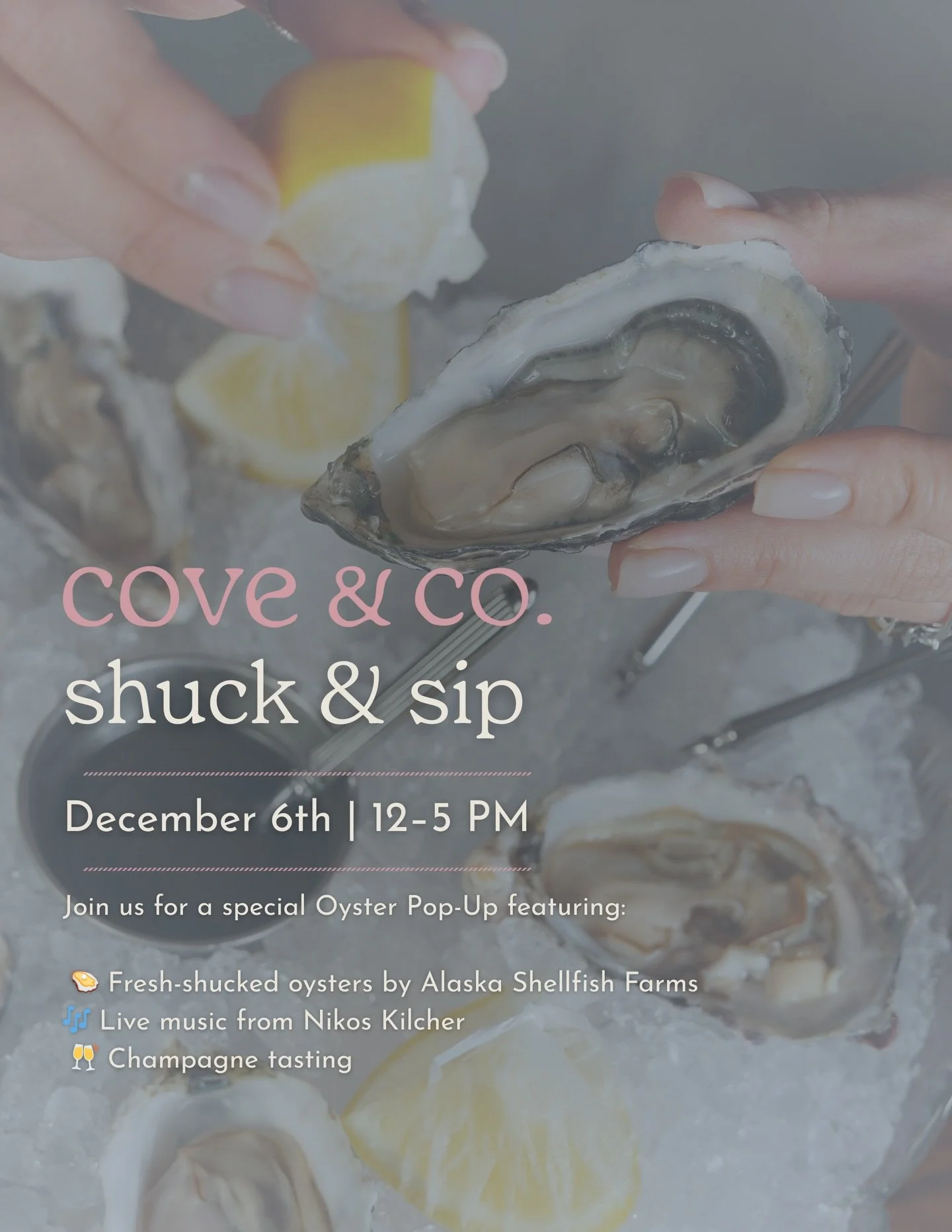 ✨ shuck &amp; sip this saturday at cove ✨
we&rsquo;re so excited to host a cozy little oyster pop-up on december 6th from 12&ndash;5 pm. come hang out, warm up, and treat yourself to:
🦪 fresh-shucked oysters by alaska shellfish farms
🎶 live music f
