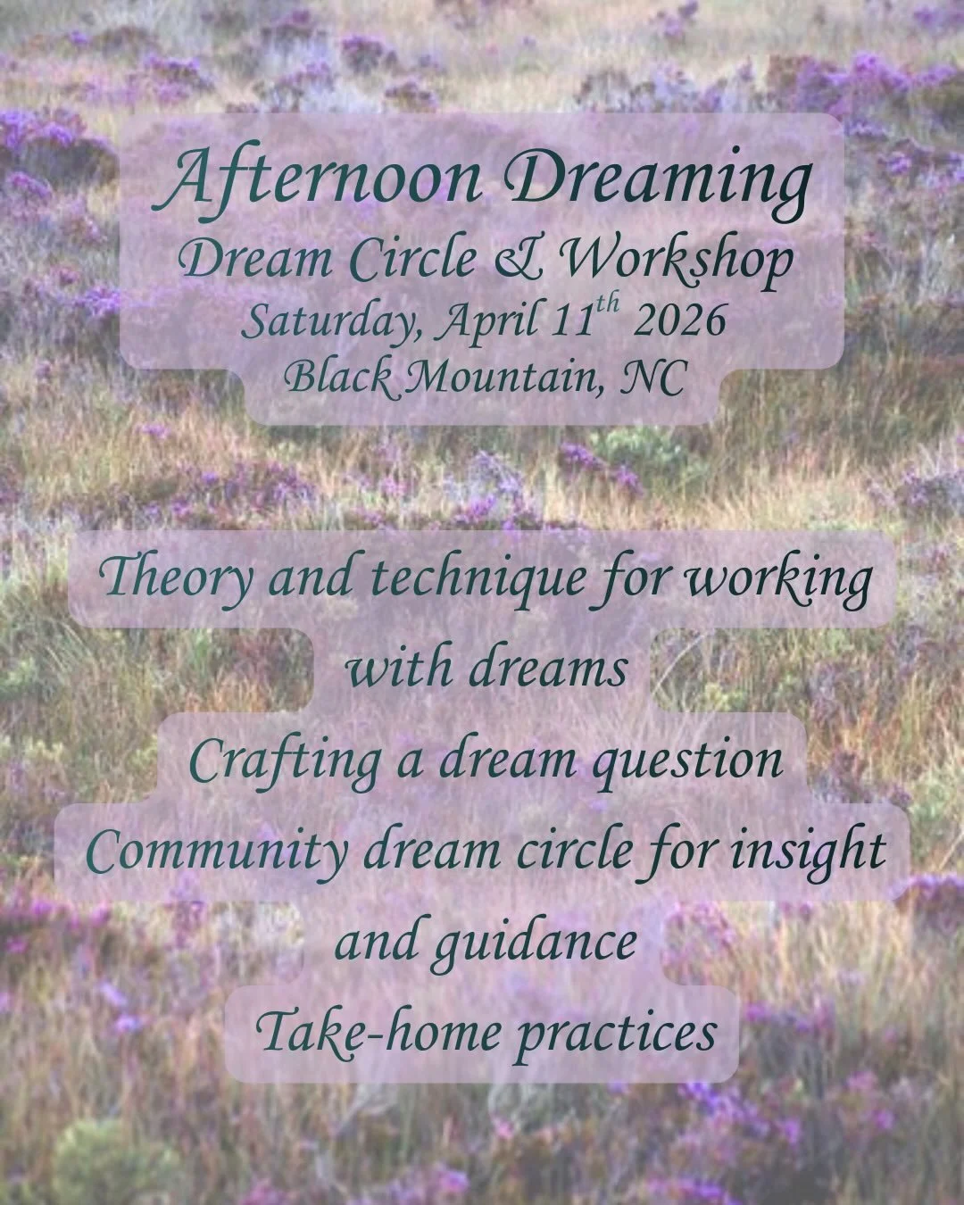 Asheville Locals <3

Join me for a dream workshop at my home in Black Mountain on April 11th from 1-4pm.

Dreaming is one of the most important and least understood world-building practices and diagnostic tools we have access to. 

As informed dre