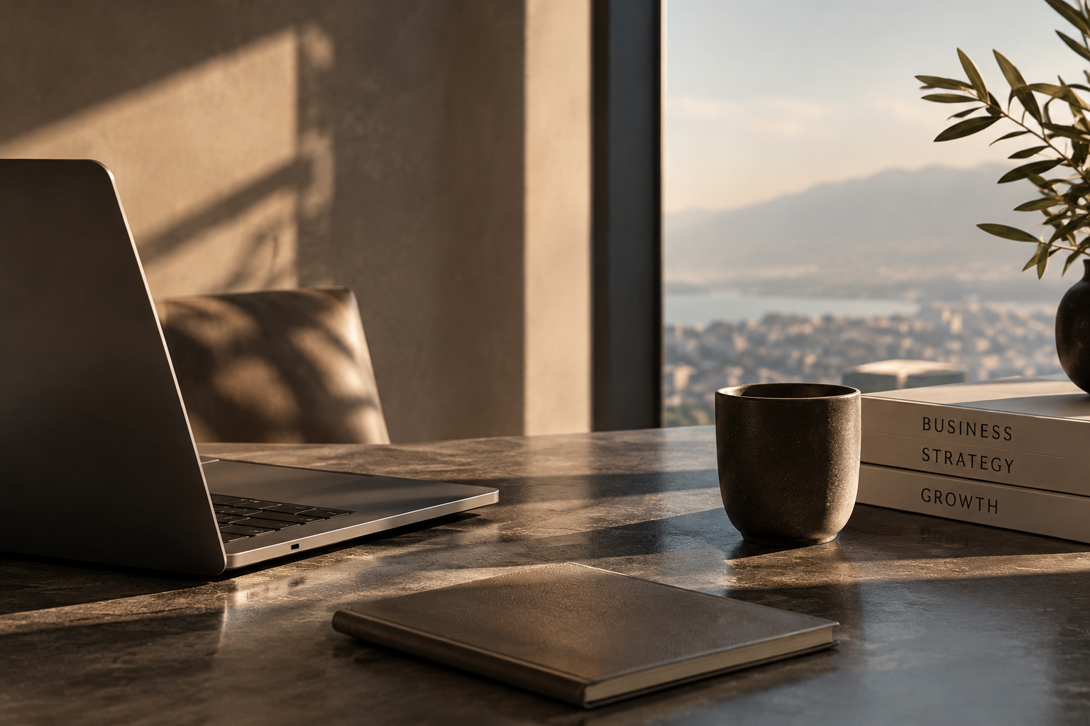 Office desk with a laptop, a dark coffee mug, a closed notebook, and stacked books labeled 'Business,' 'Strategy,' and 'Growth,' with a window overlooking a cityscape and mountains in the background.