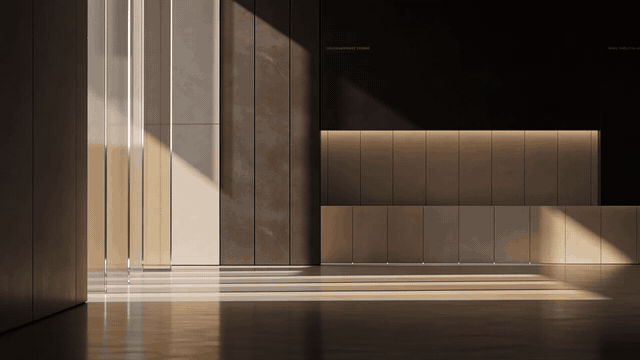 Minimalist interior with light and dark wood panels, sunlight streaming through window, and wooden flooring.