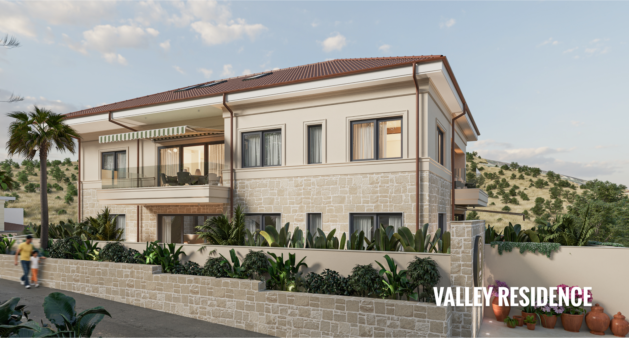 Современное многоэтажное жилое здание с каменным фасадом, большими окнами и балконами, окруженное пышной зеленью и благоустроенным двором, с холмами на заднем плане