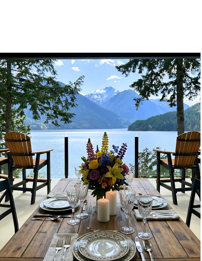 Table set for a meal overlooking a lake in a mountainous landscape with trees and snow-capped peaks in the background.
