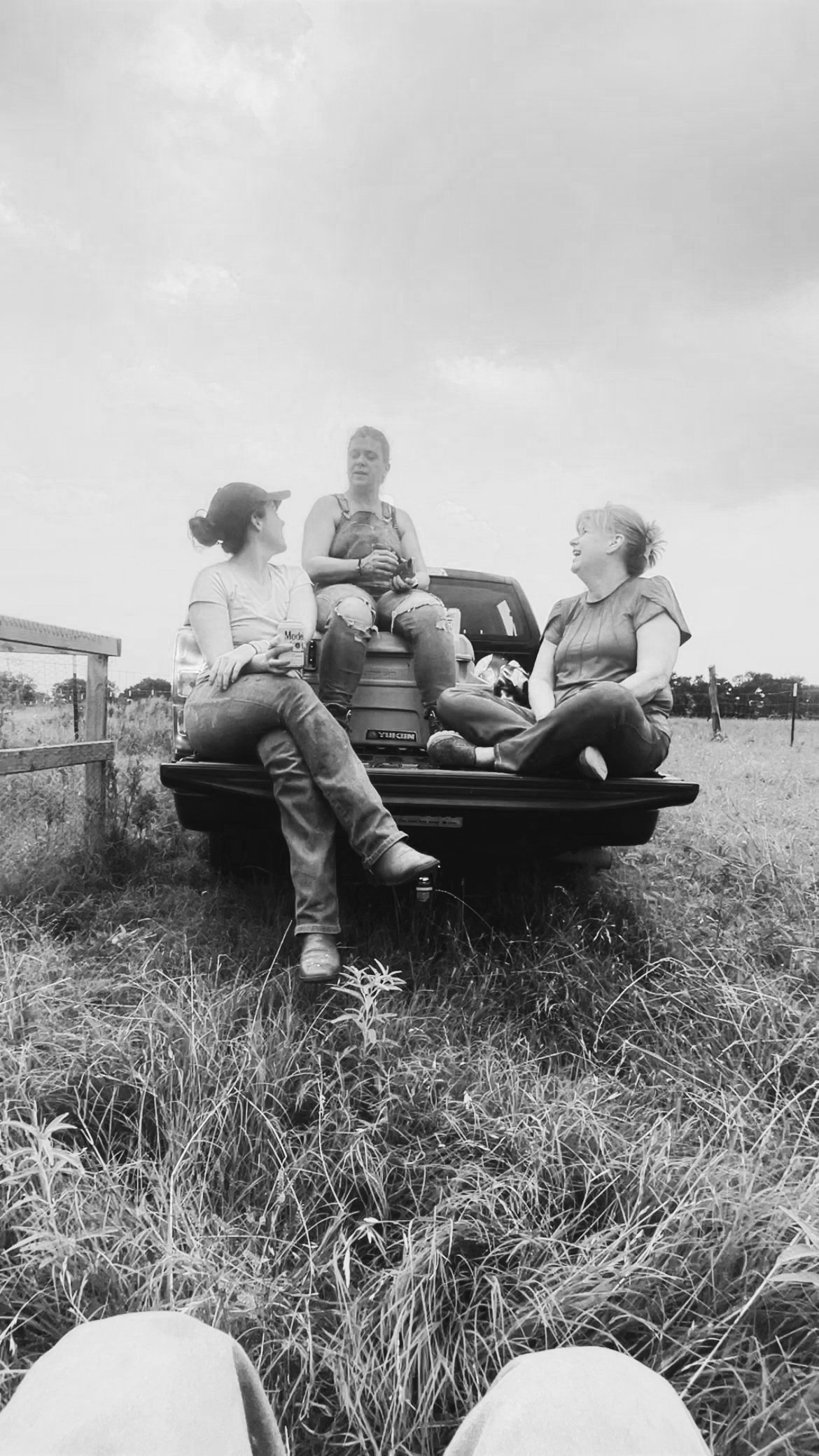 Three women sitting and talking on the back of a pickup truck in a rural open field, enjoying a casual outdoor moment.