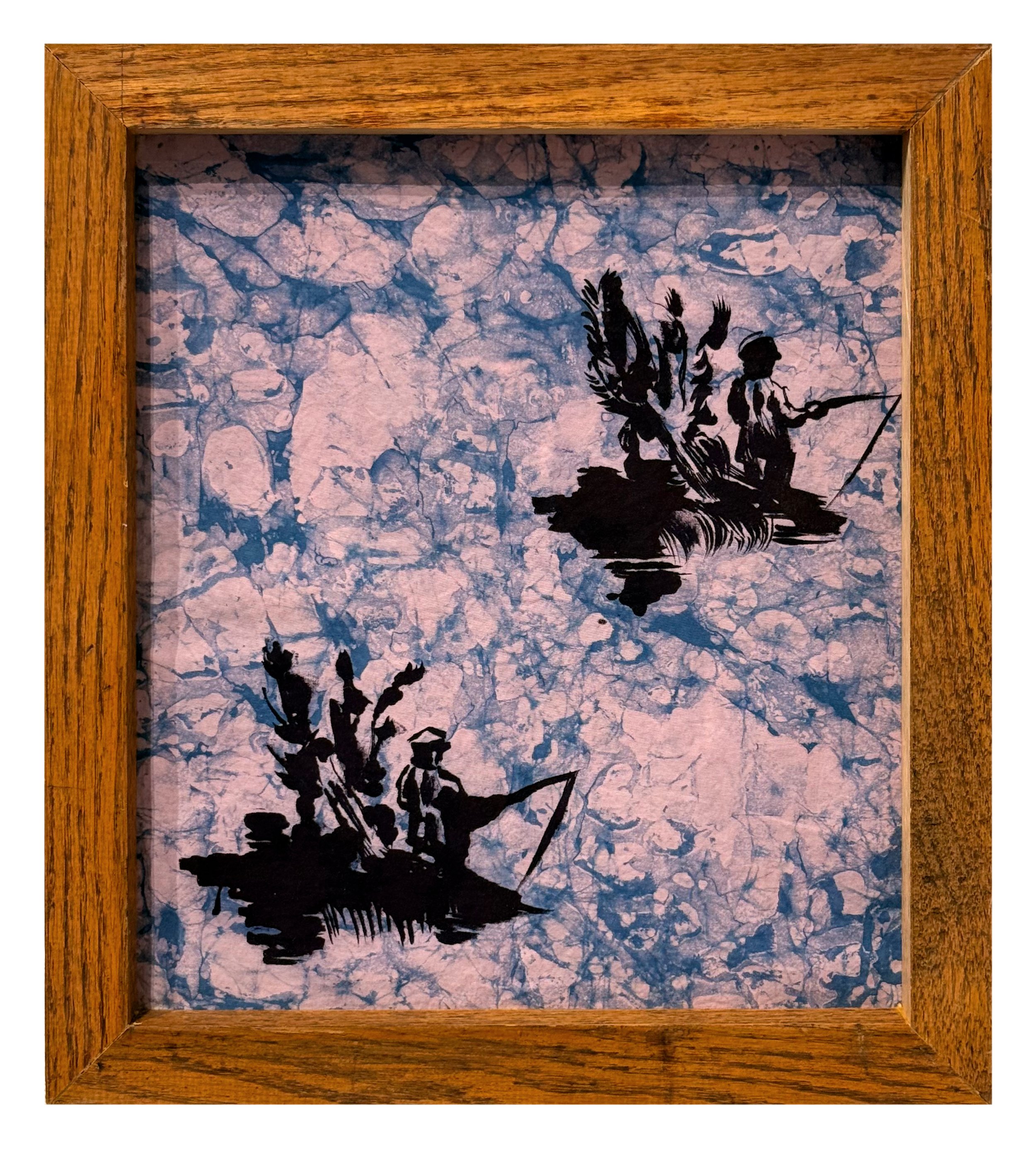 TOILE DE JOUY (FISHERMEN) / natural indigo and madder dyes and batik on cotton and wood, 14 x 14 inches