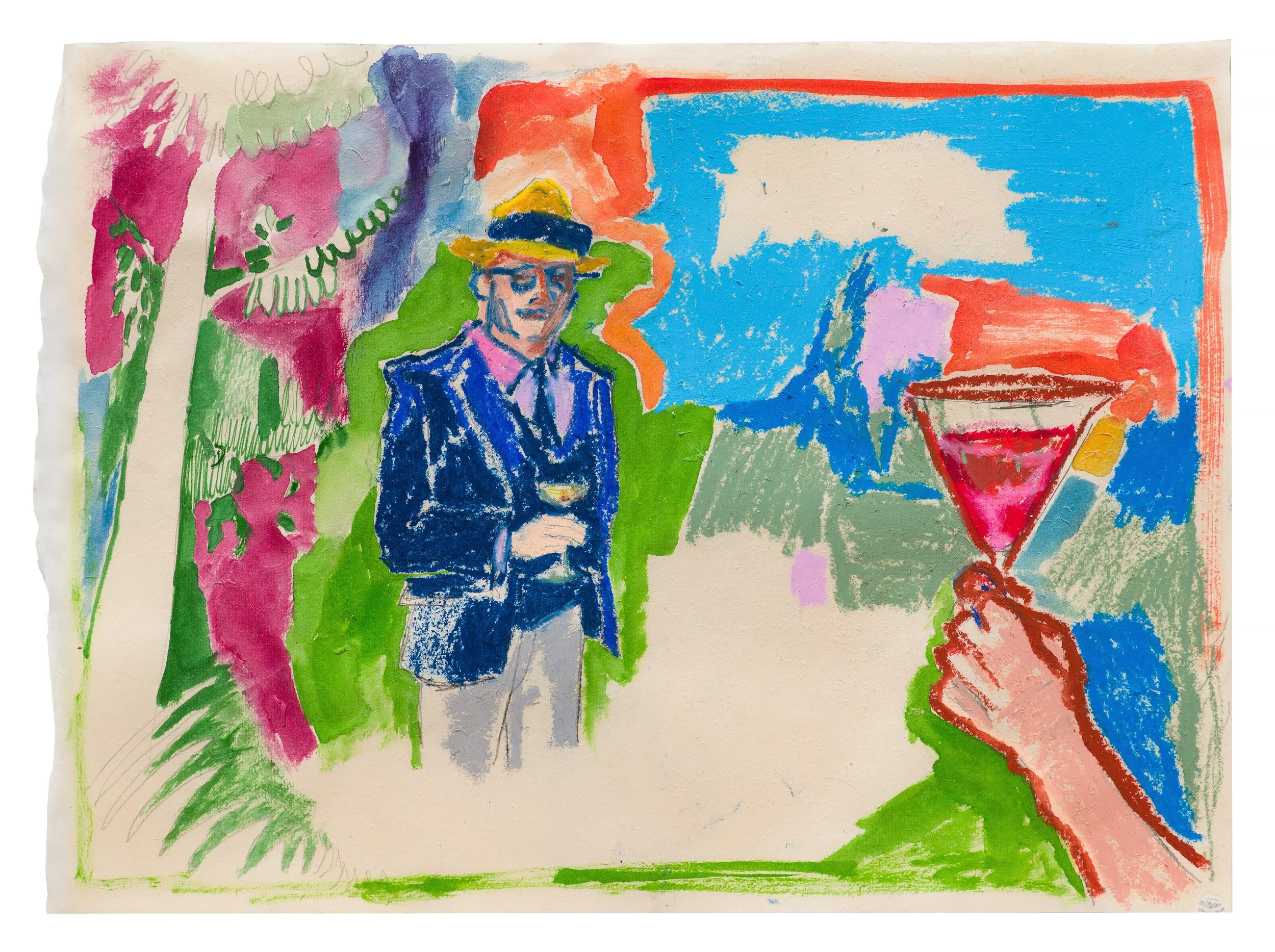 SCENE FROM "TENDER IS THE NIGHT" AT GARRISON LANDING / pencil, watercolor, and oil pastel on kitakata paper, 8 x 10 inches