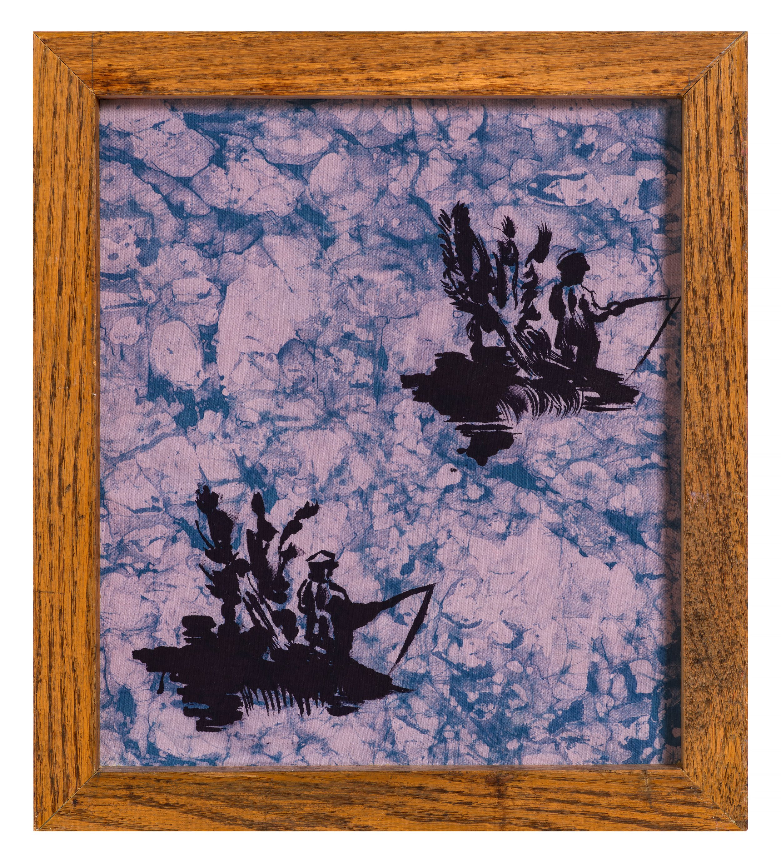TOILE DE JOUY (FISHERMEN) / natural indigo and madder dyes and batik on cotton and wood, 14 x 14 inches