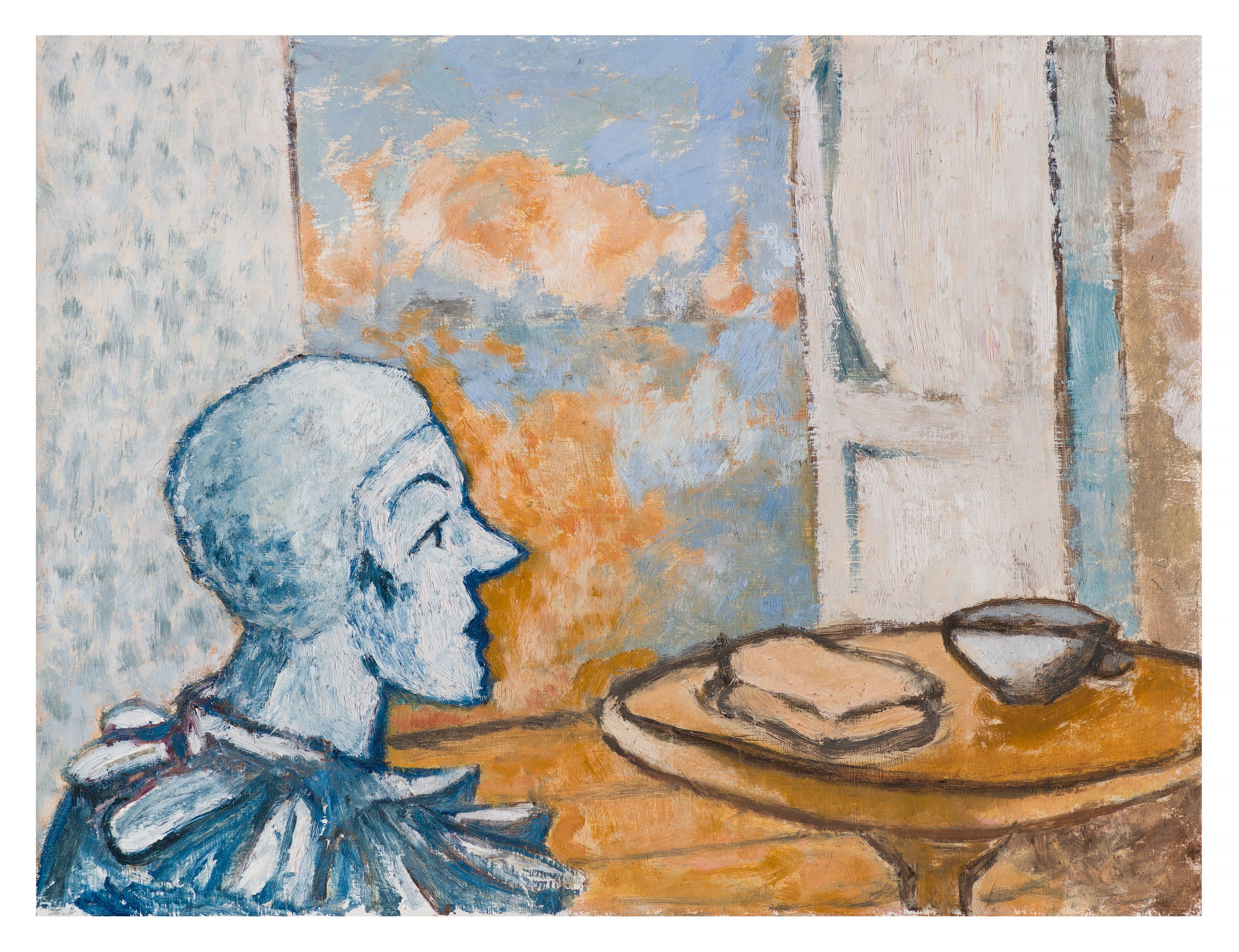 PIERROT AND HIS MUSEUM CAFE LUNCH / oil on panel, 16 x 21 inches