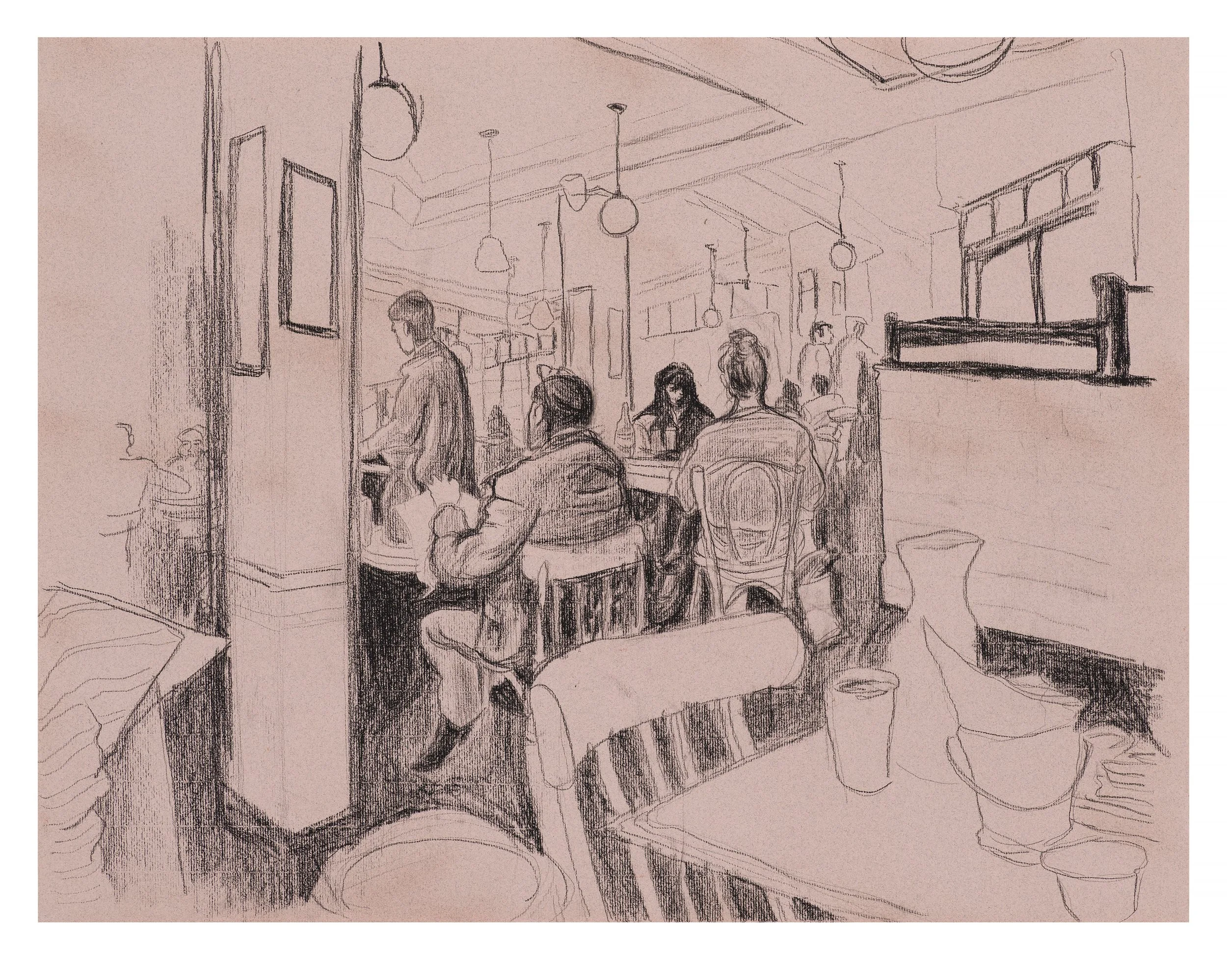 LUNCH ON GANSEVOORT STREET / charcoal and conte crayon on laid paper, 18 x 24 inches