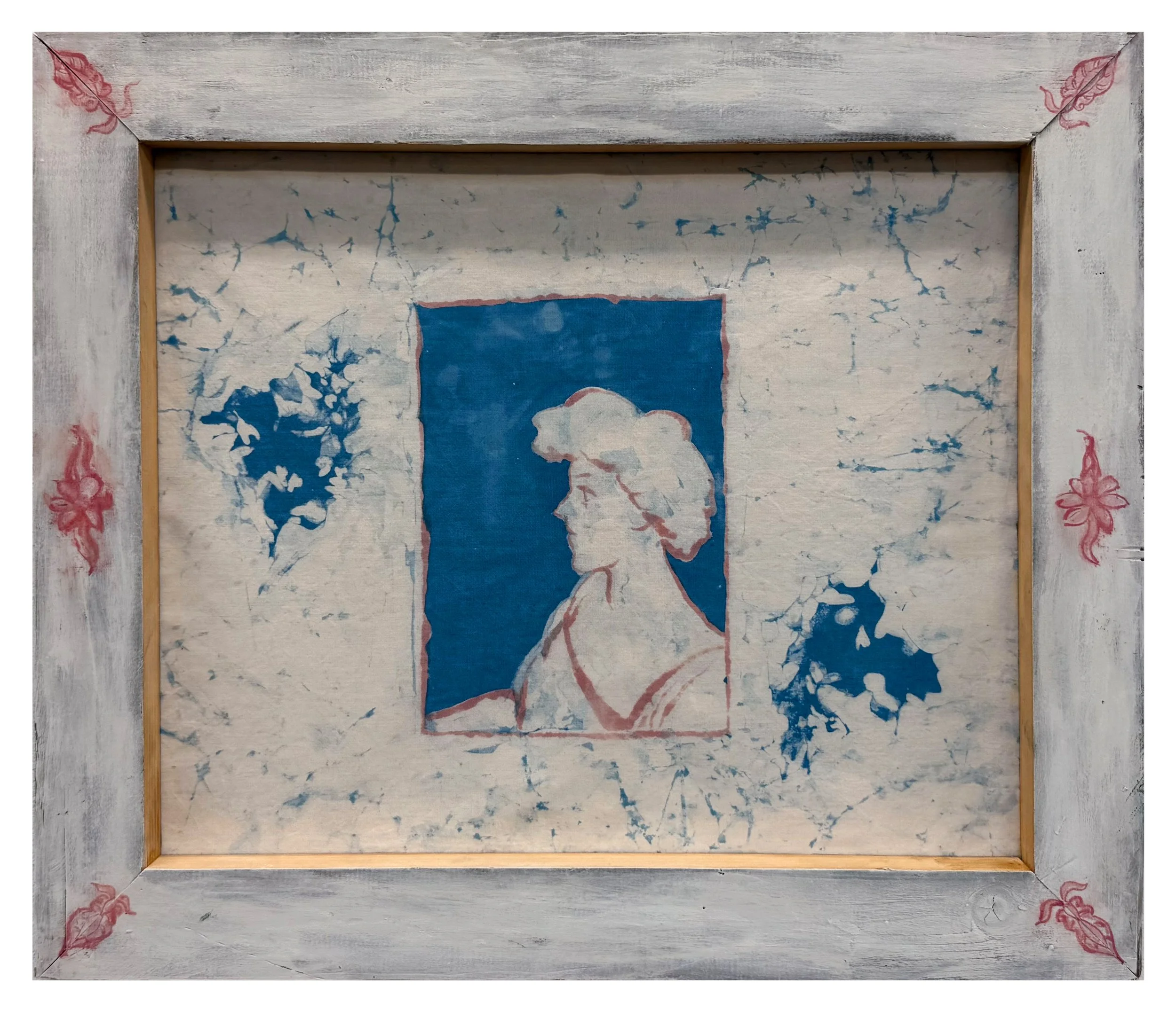 TOILE DE JOUY (PARISIENNE) / natural indigo dye, synthetic dye, batik, and oil on cotton and gessoed wood, 14.5 x 20 inches