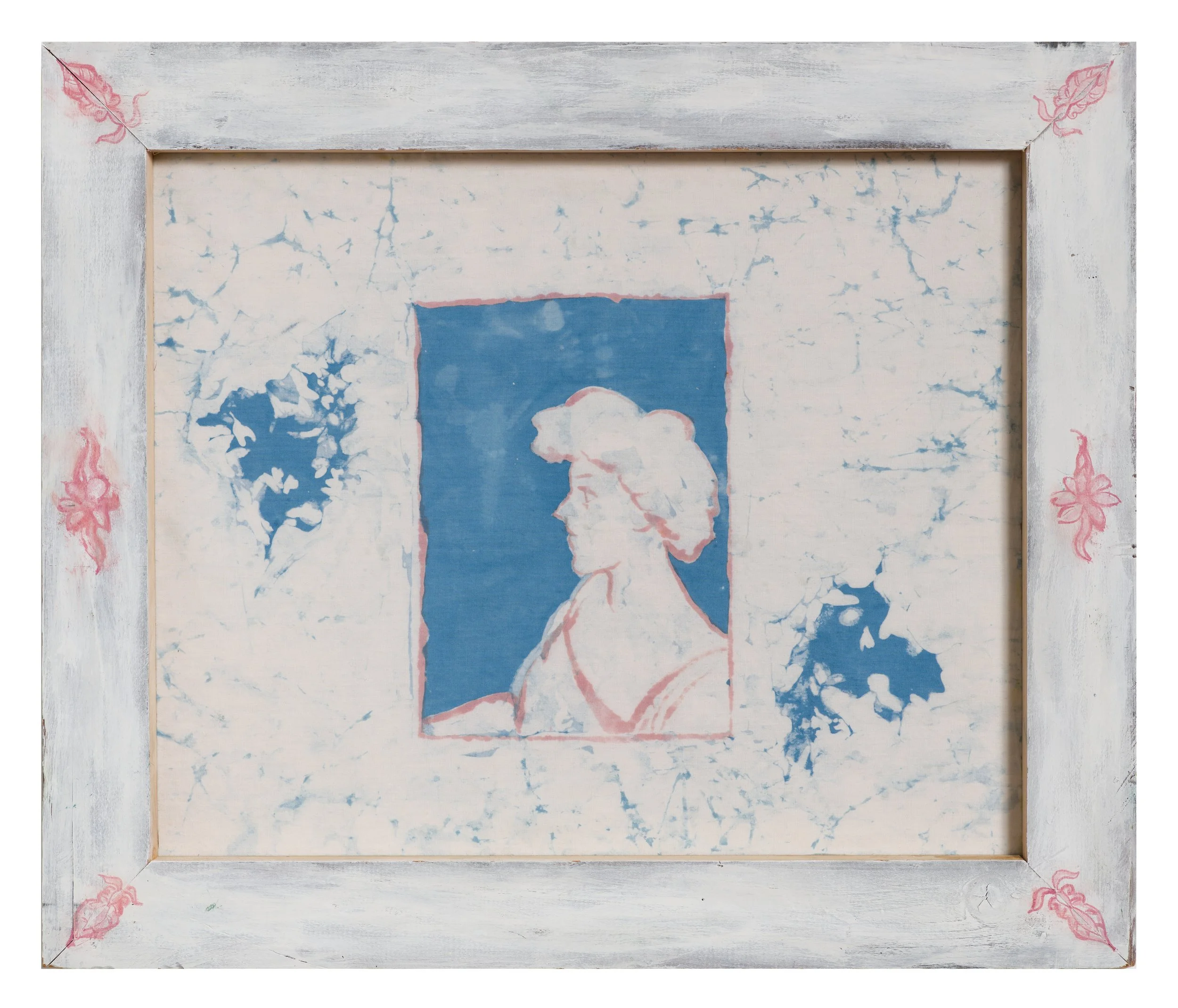 TOILE DE JOUY (PARISIENNE) / natural indigo dye, synthetic dye, batik, and oil on cotton and gessoed wood, 14.5 x 20 inches