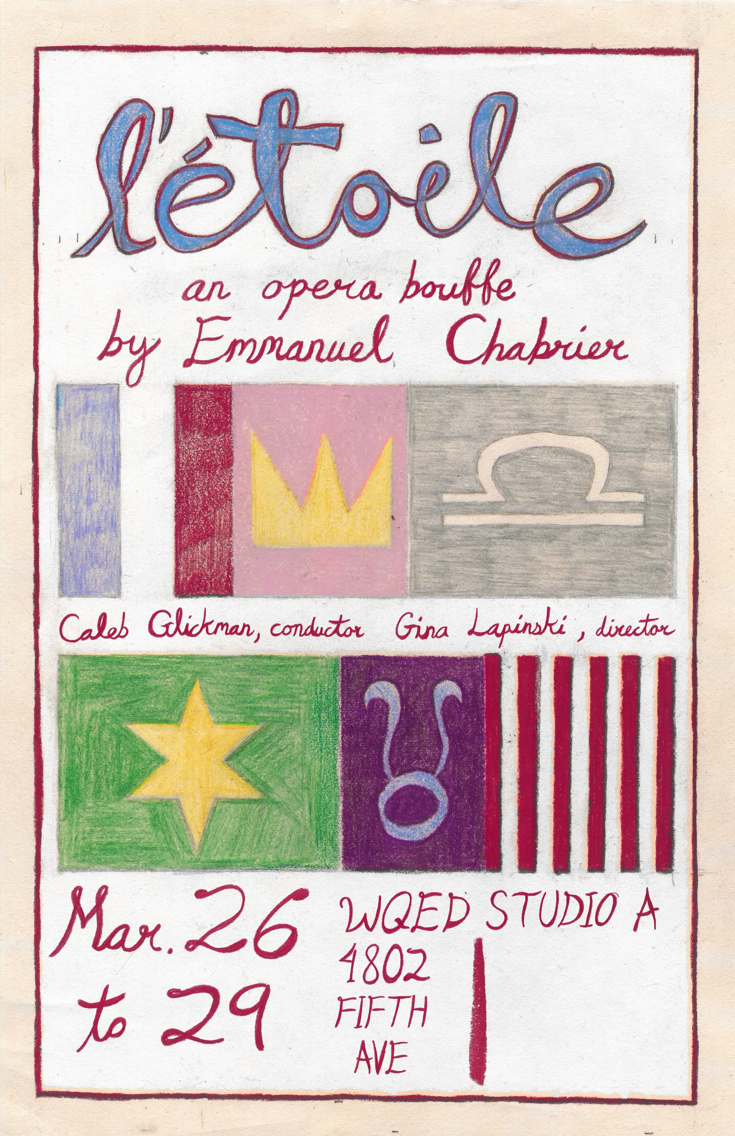 POSTER FOR "L'ETOILE" / colored pencil and gouache on kitakata paper, 17 x 11 inches