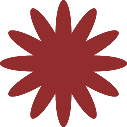 A large, stylized, red flower with elongated petals radiating outward.
