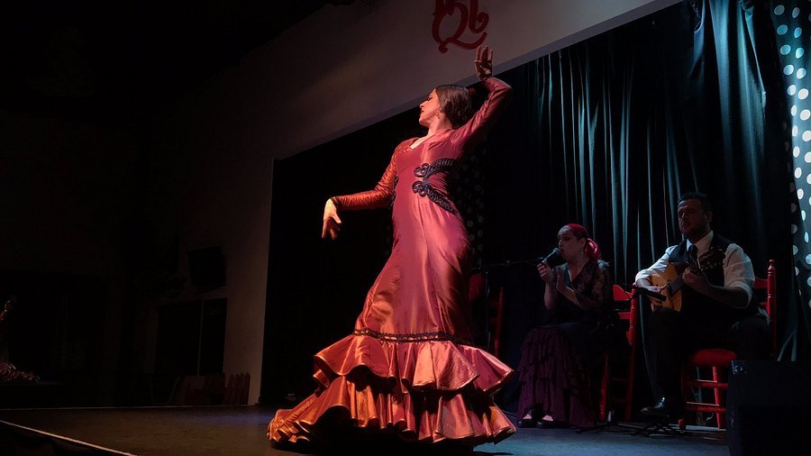 A woman in a long, flowing, red flamenco dress performs a dance on stage, with two musicians sitting behind her, one playing guitar and the other holding a microphone, against a backdrop of dark curtains.