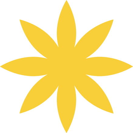 A yellow, stylized eight-petaled flower on a black background.