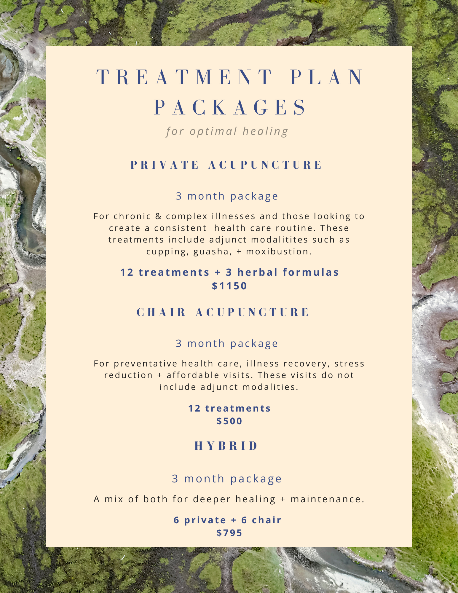 Treatment plan packages for private acupuncture, chair acupuncture, and hybrid options, including details and prices.
