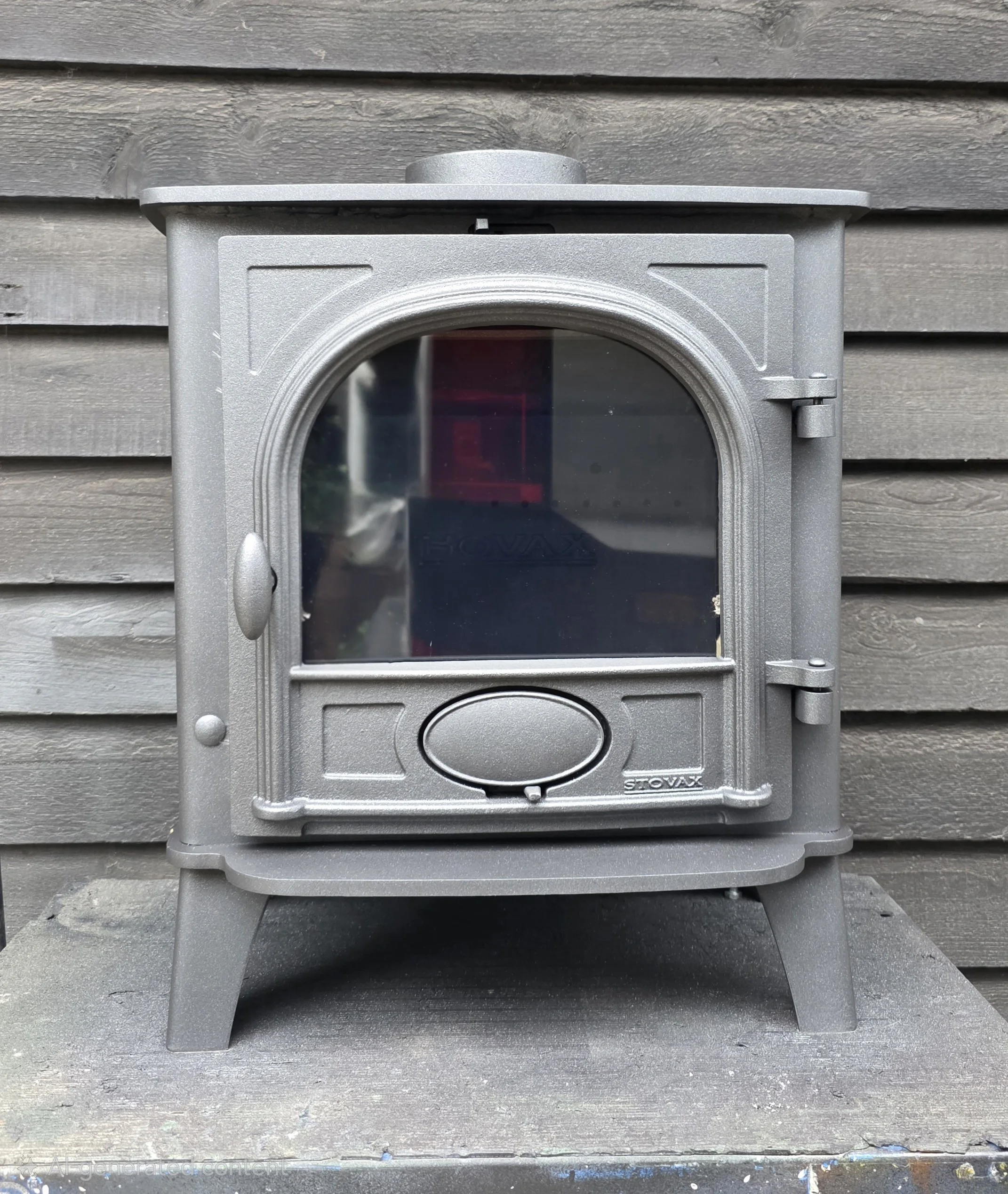 Stockton Stovax 5kw fully refurbished in Metallic Black,. The photograph is taken from a straight-on angle.