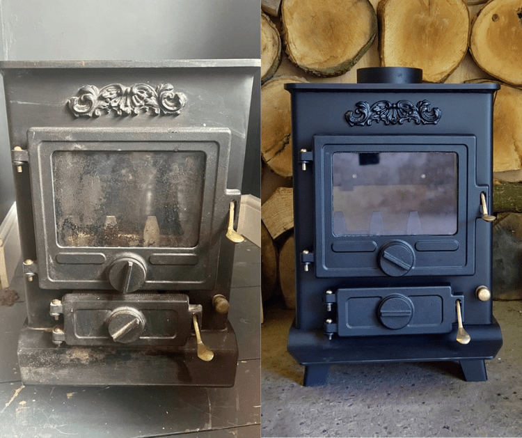 Before and after log burner restoration featuring industrial sandblasting, new fire bricks, and high-temperature respray.