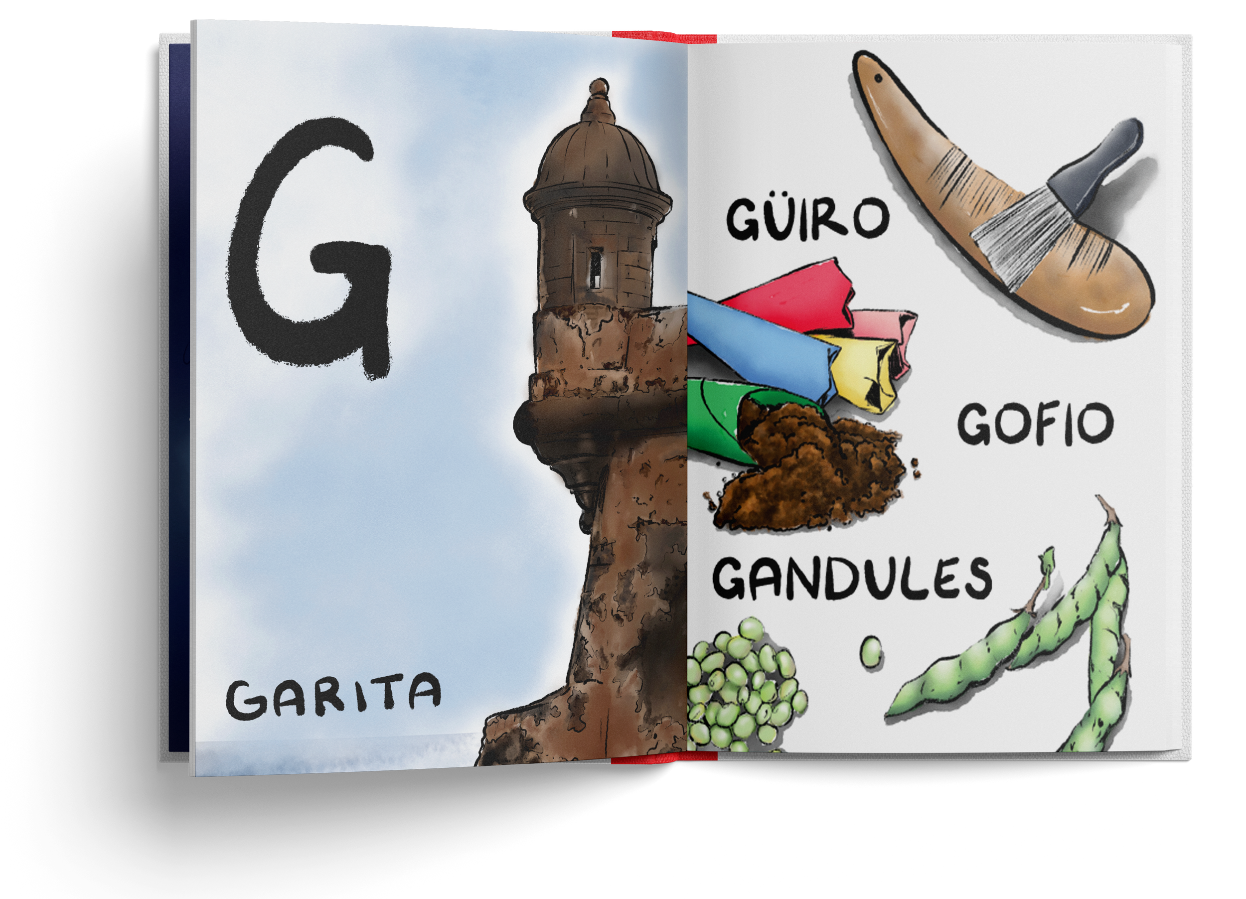 Open children's book illustrating the letter G with images of a lighthouse, a file folder, a paintbrush, soil, green beans, and the words GÜIRO, GOFIO, GANDULES. by Melanie Mercado