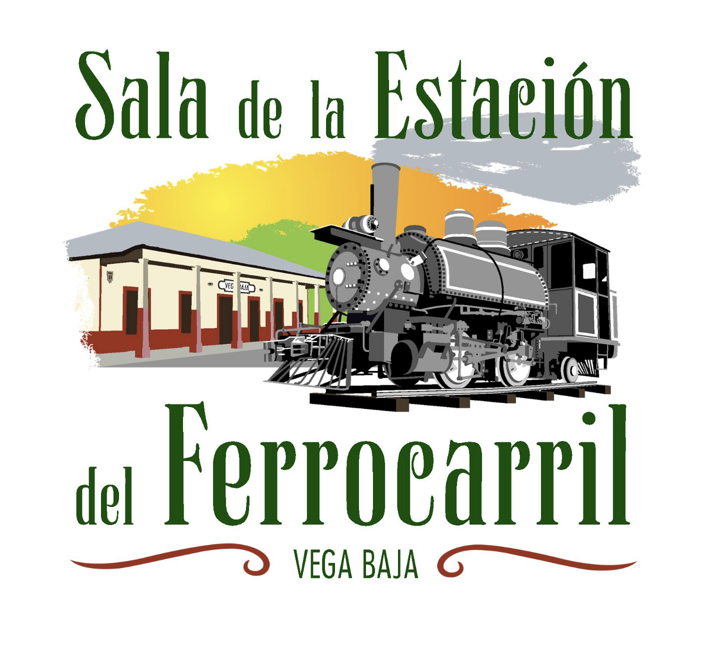 Sign for the train station in Vega Baja, featuring a vintage steam locomotive and a building with platform signs.