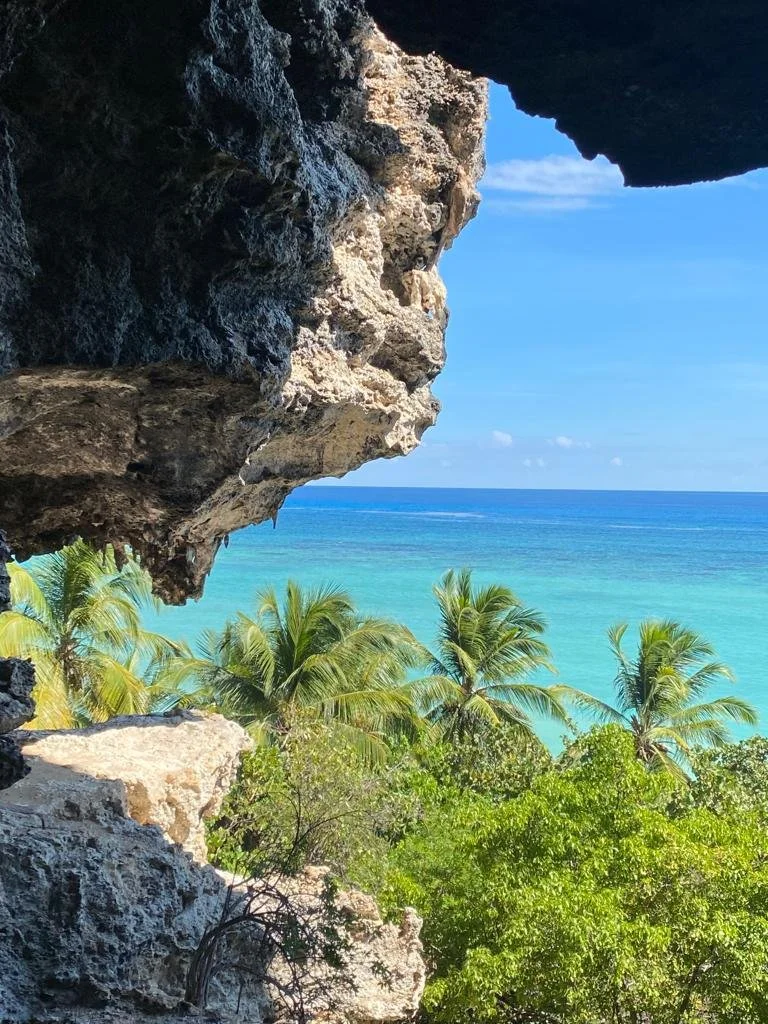 A view through a rocky overhang of turquoise ocean water, green palm trees, and a clear blue sky.