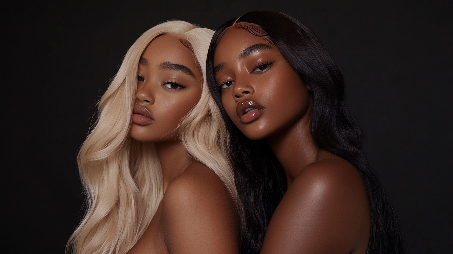 Two women with different hair colors against a dark background, showcasing contrasting beauty and style.