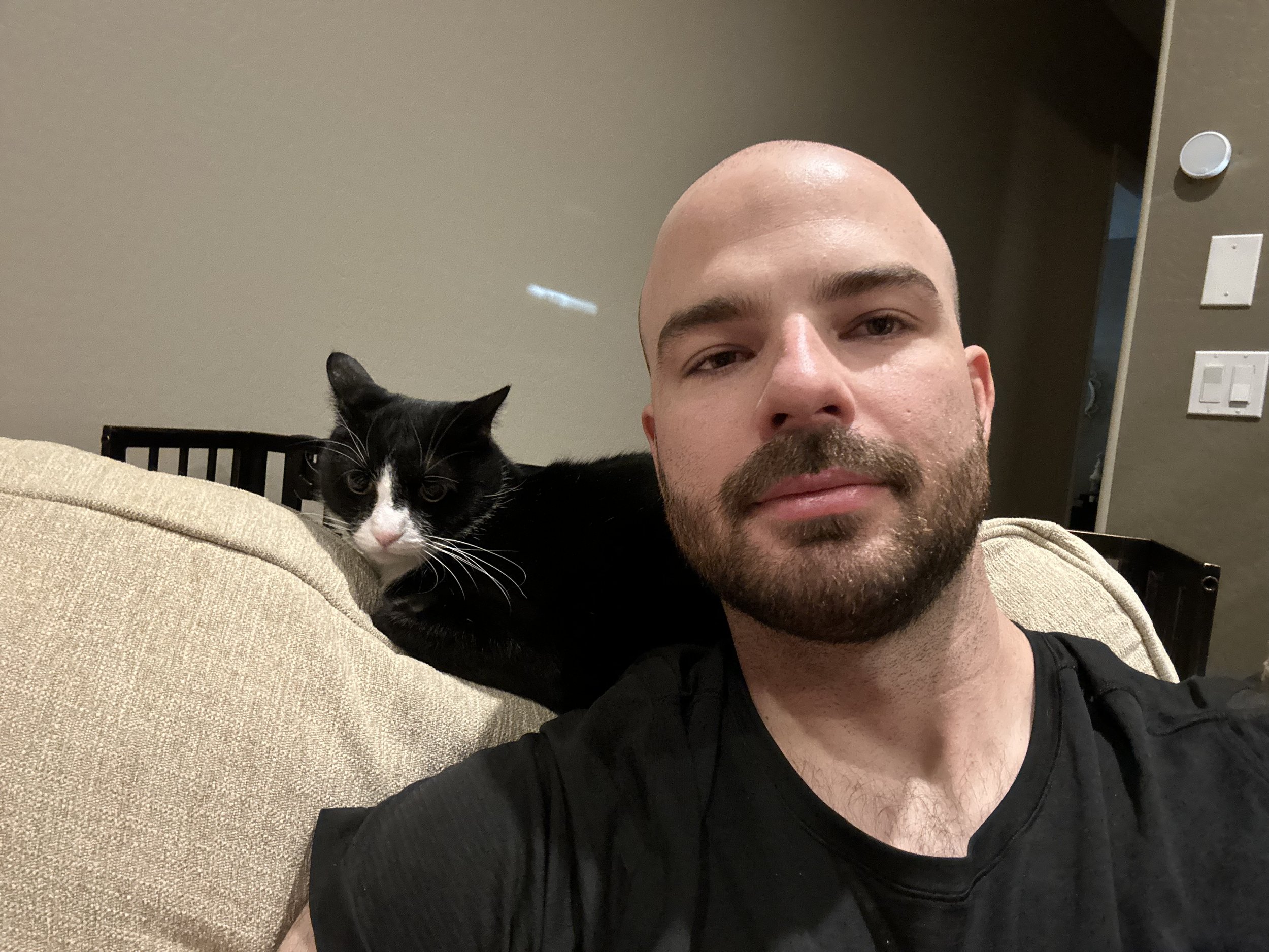 With my elderly cat, Harley
