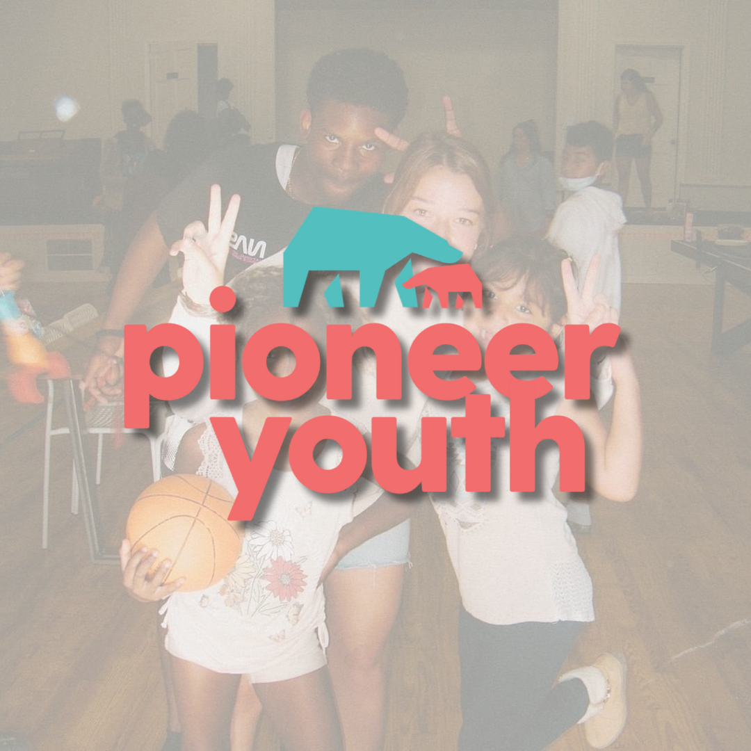 Children posing at an indoor event with 'Pioneer Youth' text overlay.