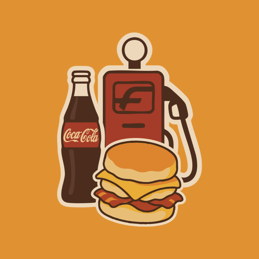Illustration of a Coca-Cola bottle, a stylized red gas pump, and a burger with cheese and bacon on an orange background.