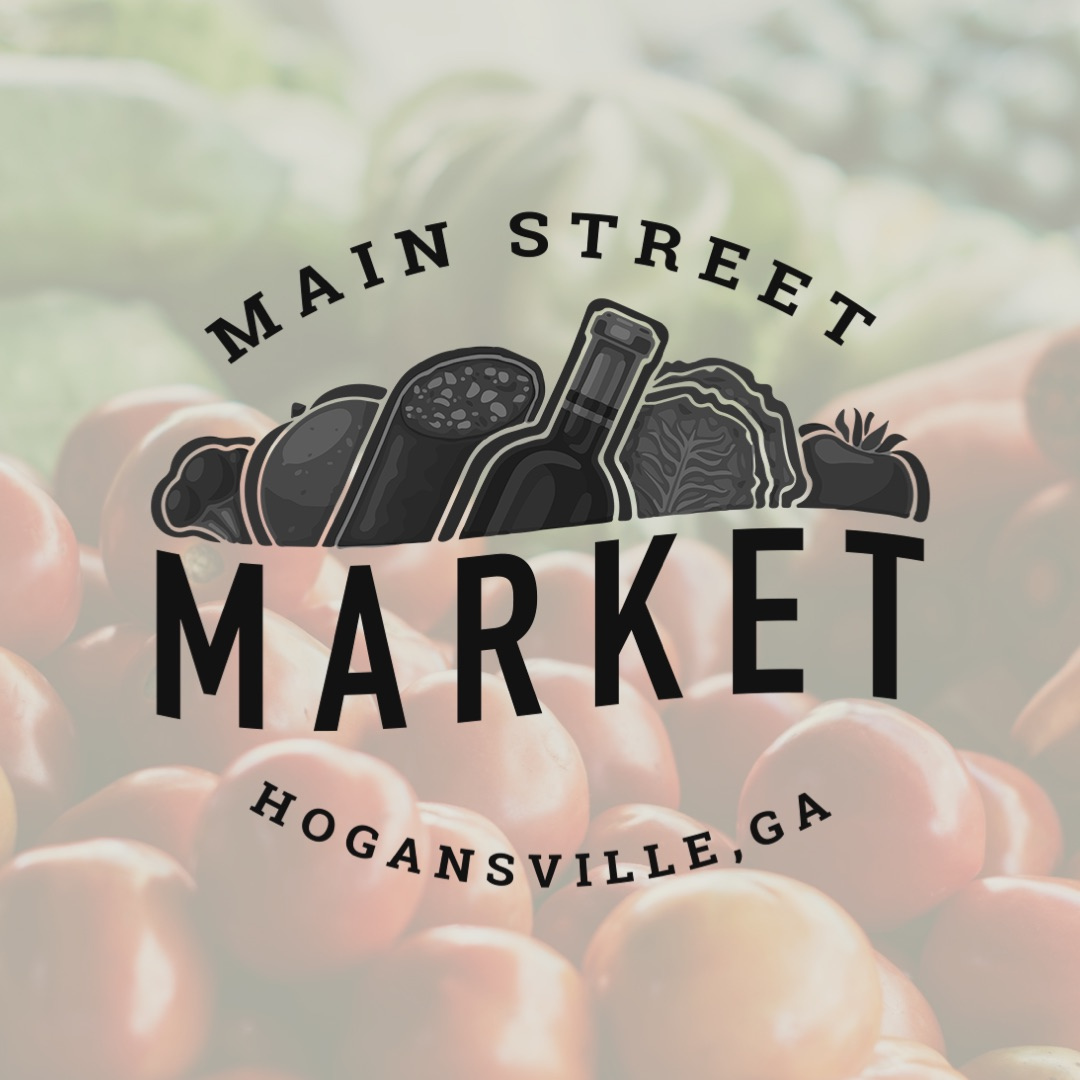Logo for Main Street Market in Hogansville, GA, featuring images of produce and a wine bottle over a background of tomatoes.