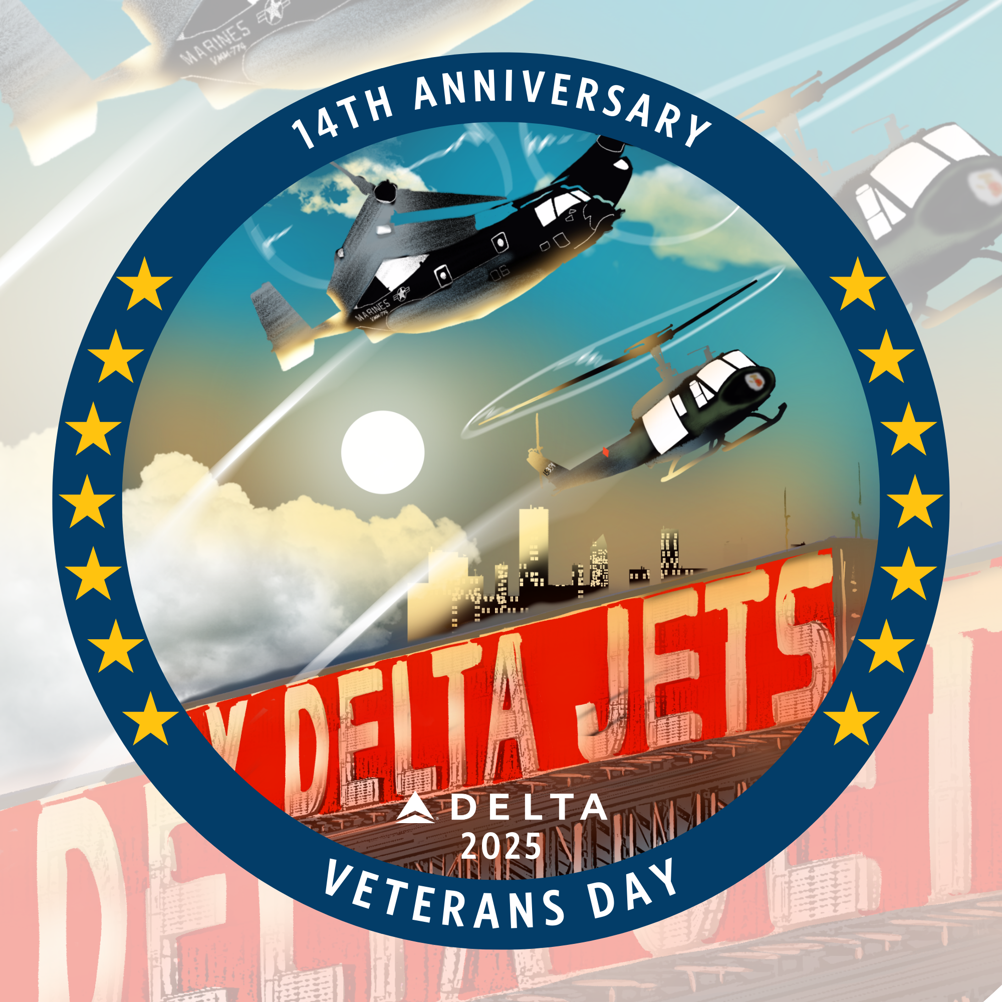 A circular emblem commemorating the 14th anniversary of Delta Airlines Veterans Day in 2025 with a background depicting military helicopters flying over a city skyline, clouds, and the sun, with a large red Delta sign in the foreground.