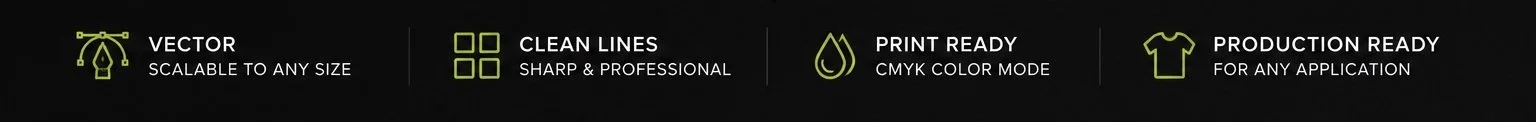 Design features icons and text highlighting vector graphics, clean lines, print readiness, and production readiness.
