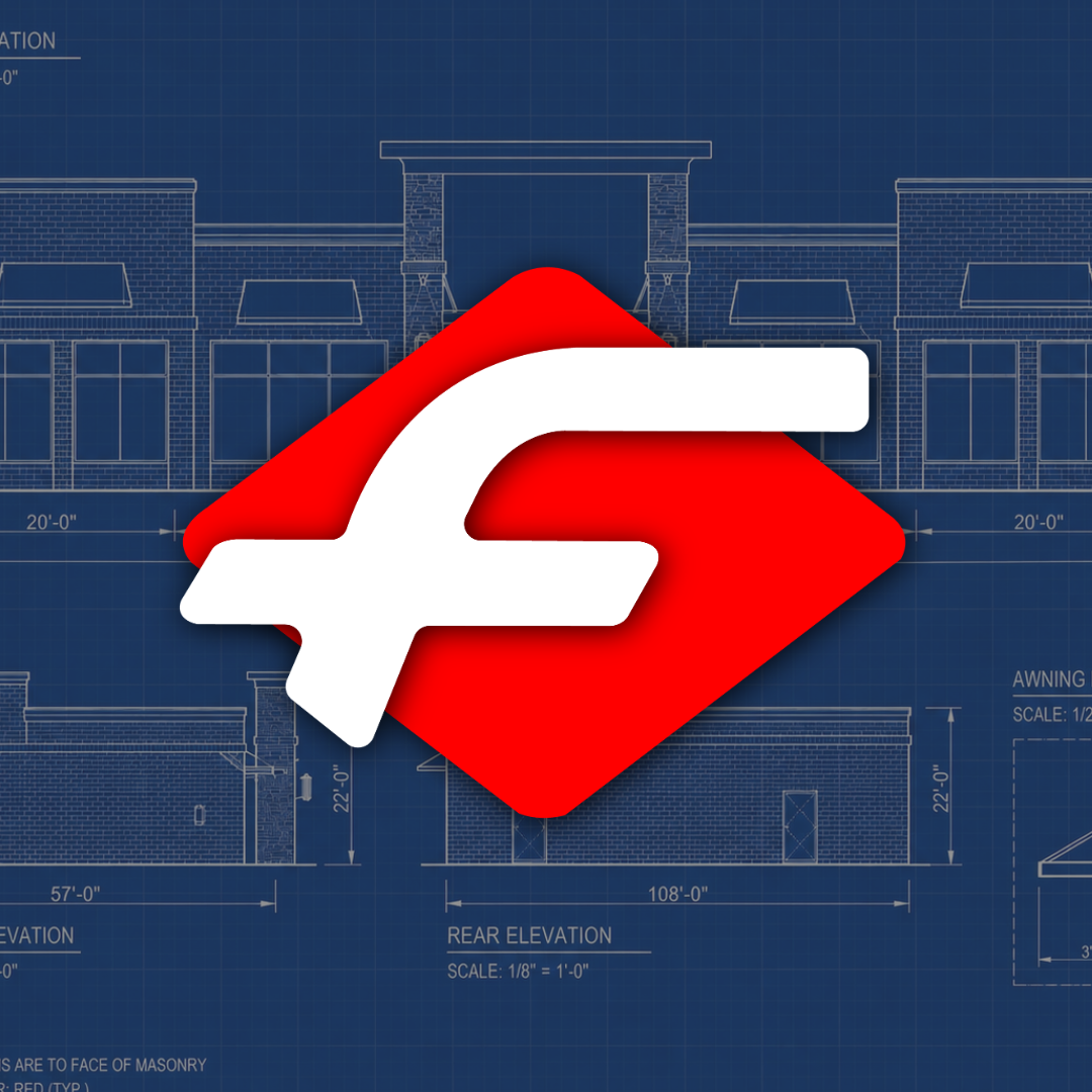 A logo with a white, stylized house shape over a red diamond background, set against blue architectural blueprint drawings of a building's elevations.