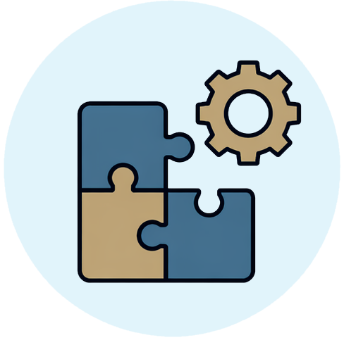 Graphic of interlocking puzzle pieces and a gear, representing complex problem-solving and operational synergy.