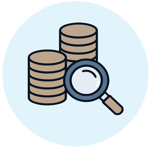Illustration of a magnifying glass over coins and a document, representing financial oversight.