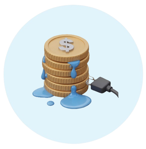 3D icon of melting gold coins, symbolizing the identification and prevention of "leaks" in business spending and overhead.