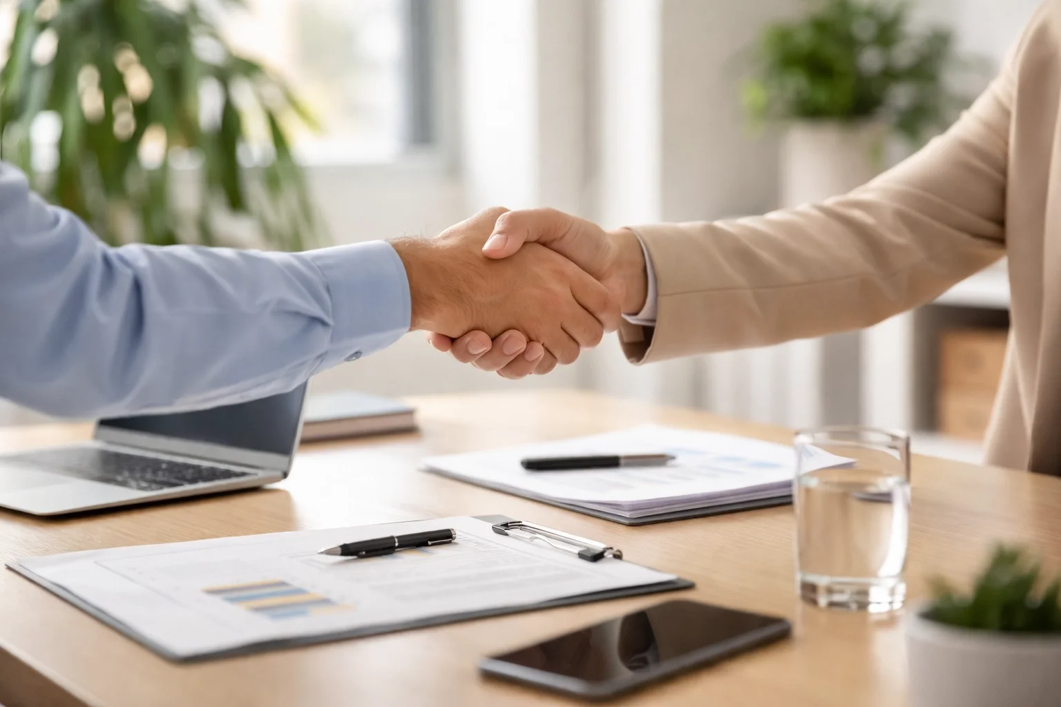 Bookkeeper and small business owner shaking hands at High Point Accounting.