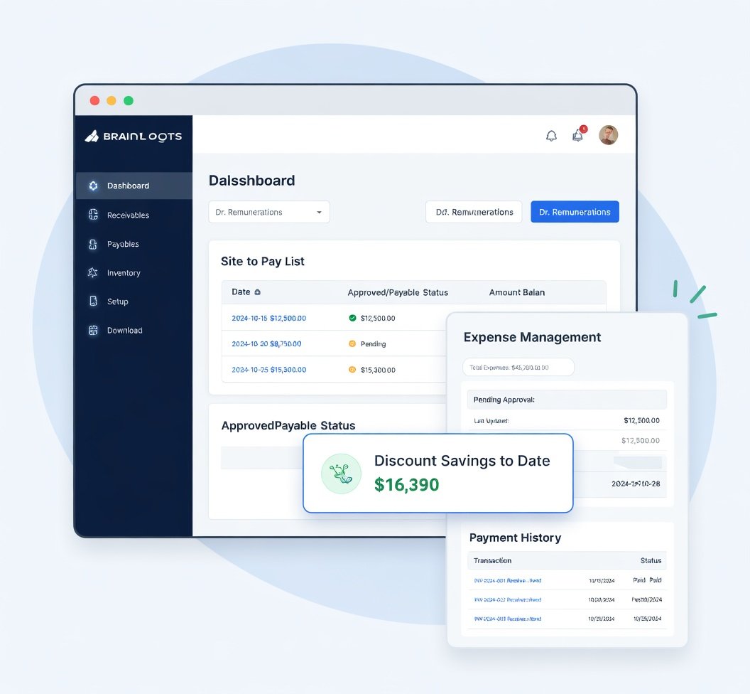 An Accounts Payable dashboard showing a "Bills to Pay" list, approved payable status, and $16,390 in discount savings achieved through timely payments.