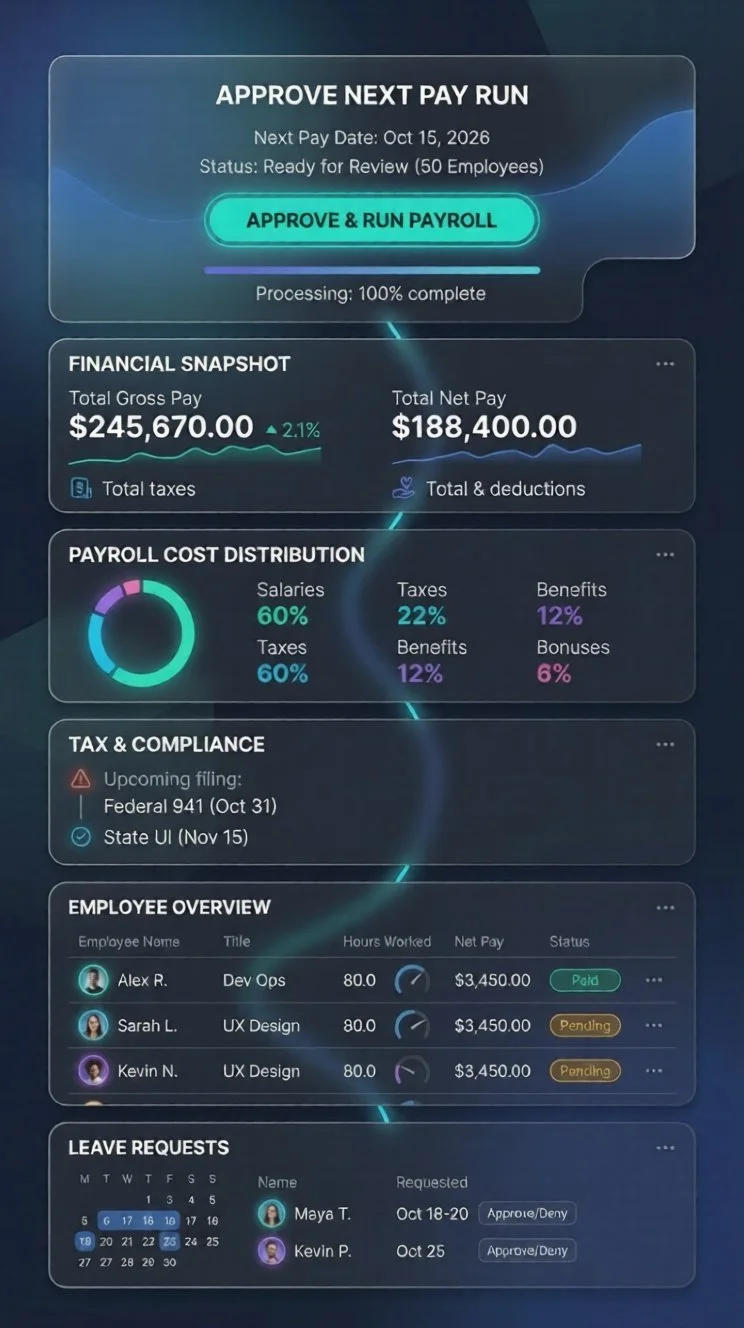 High-tech payroll dashboard showing pay run approval, cost distribution, tax compliance deadlines, and employee leave requests.