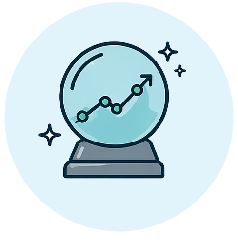 Light blue circular icon depicting a lightbulb with a dollar sign inside, surrounded by stars, representing innovative financial modeling and scenario planning.