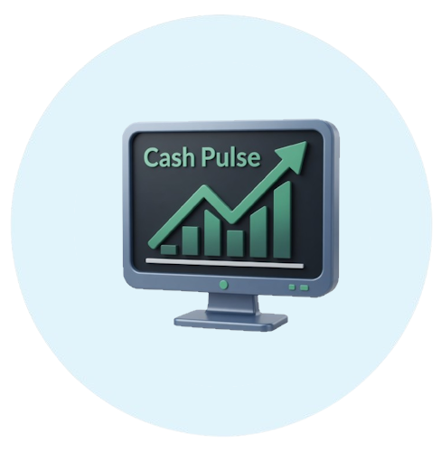 3D icon of a "Cash Pulse" monitor with a growth arrow, representing real-time cash flow visibility and financial health monitoring.