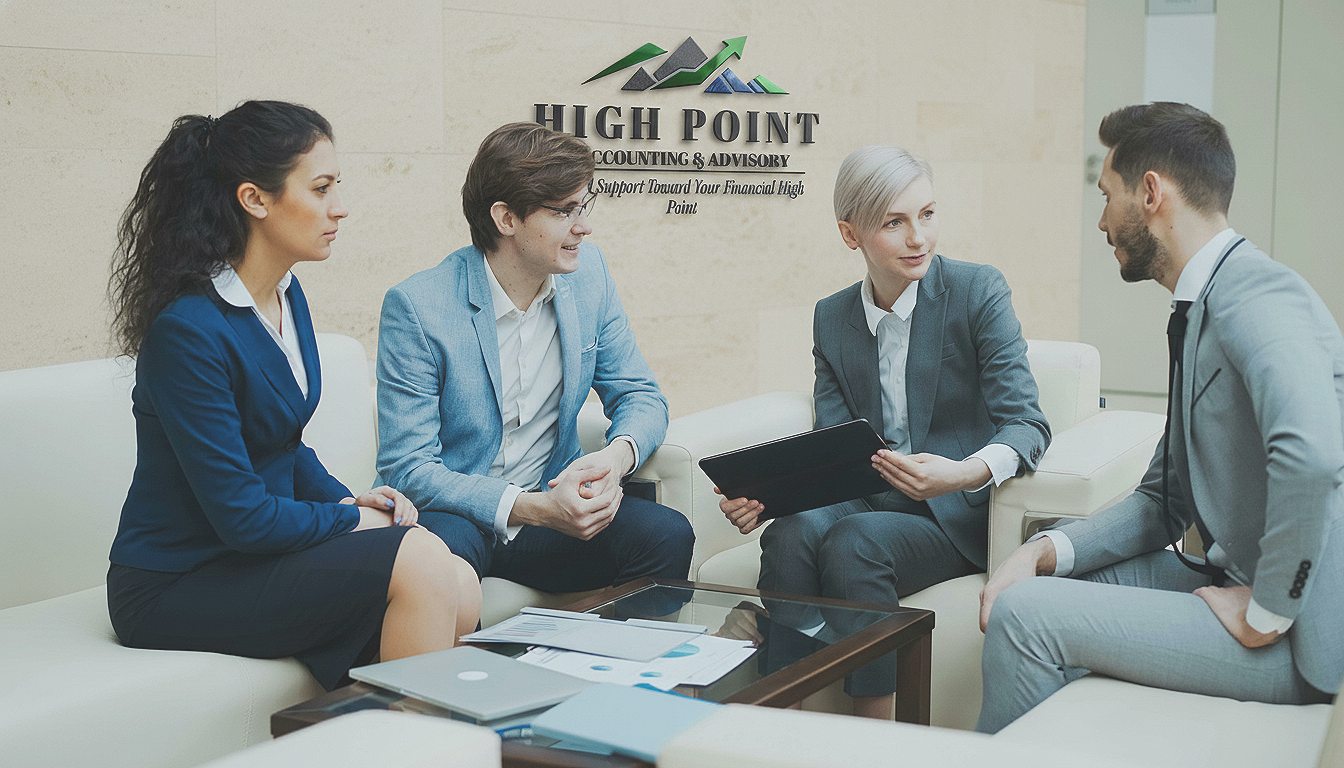 High Point Accounting & Advisory team members collaborating in a bright, professional office environment to help businesses with internal controls and procedures.