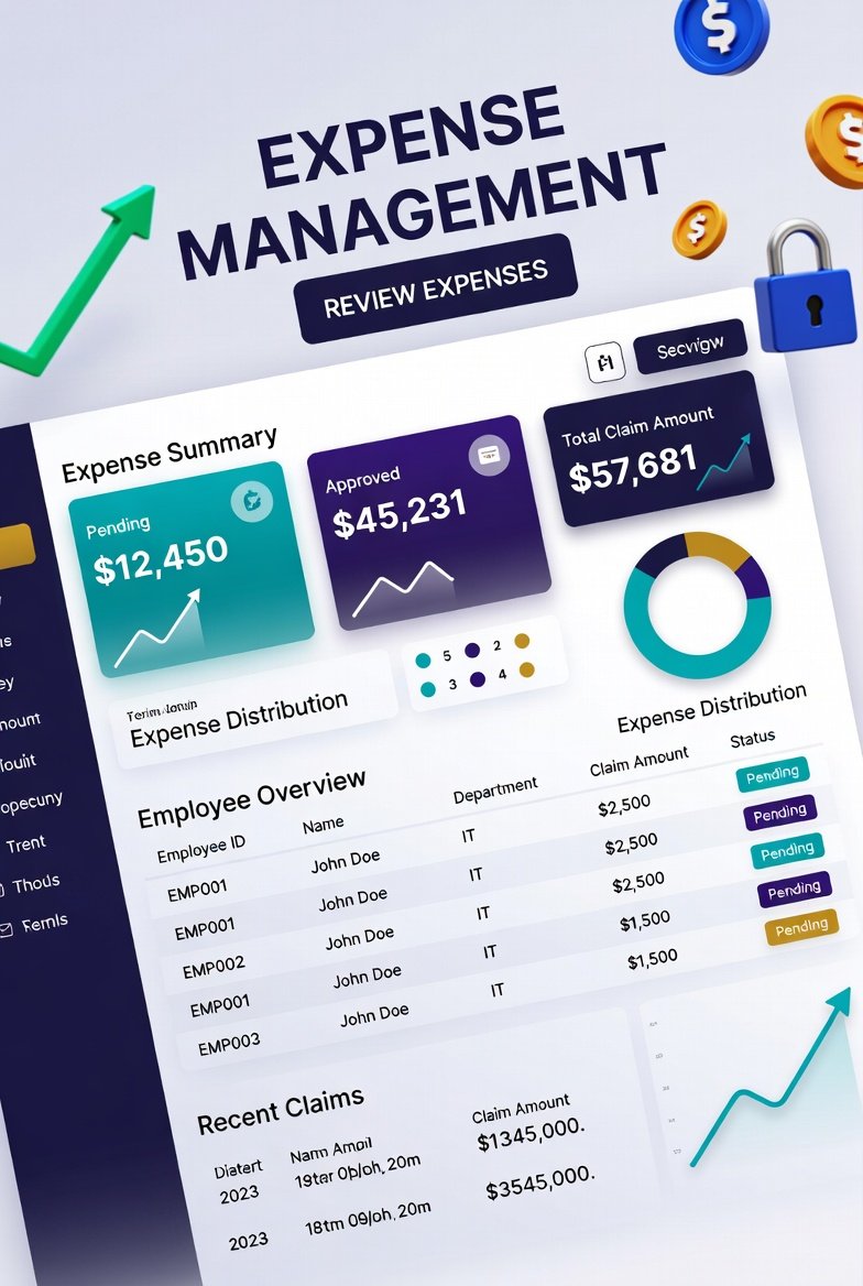 A comprehensive expense management dashboard showing employee claim summaries, approval statuses, and departmental spending distribution.