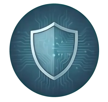 Circular blue icon depicting a shield with a circuit board pattern, representing digital data protection and security compliance.