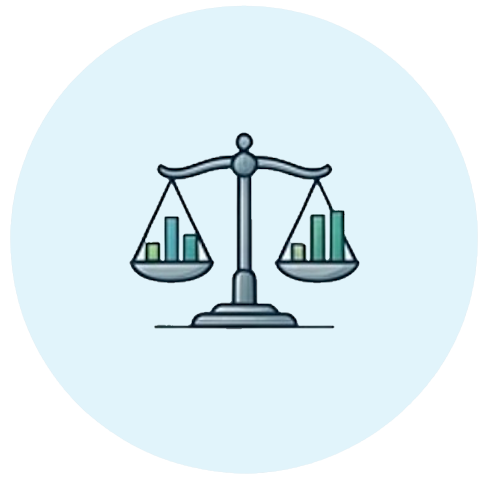 Financial balance scale icon representing budget vs actual reporting and variance analysis.
