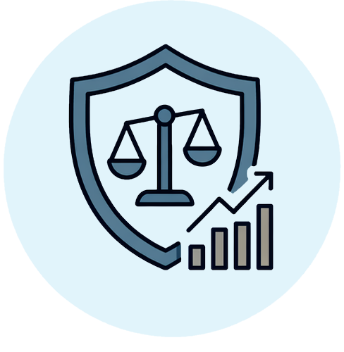  Icon of a shield containing the scales of justice and a rising bar chart, symbolizing risk mitigation and balanced financial scaling.
