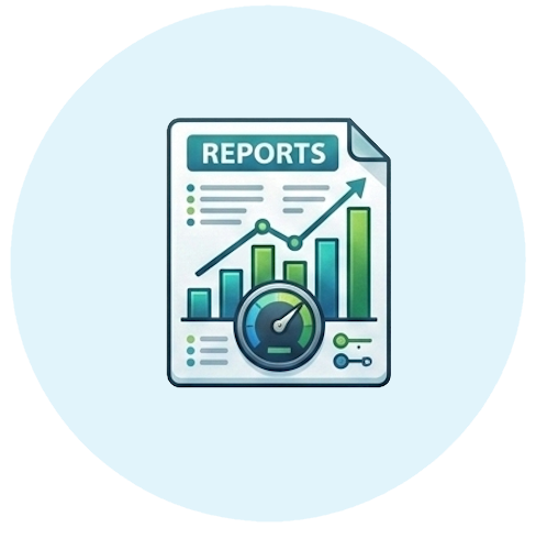 Management reporting and KPI dashboard icon showing business performance metrics in green and navy.