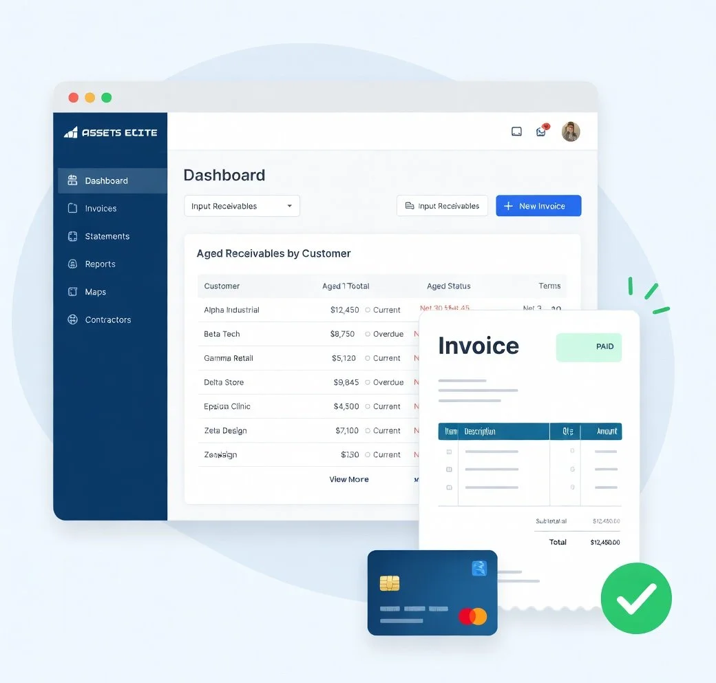 An Accounts Receivable dashboard showing aged receivables by customer, automated invoicing status, and integrated credit card payment processing.